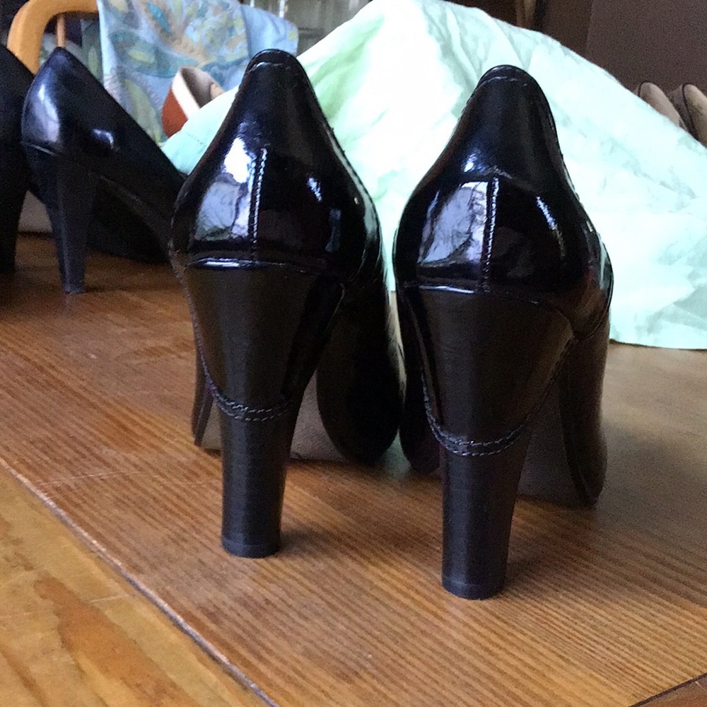 Black patent leather platforms, size 8